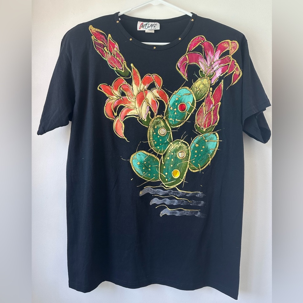 Vtg Art Land Black Cotton Blend Embellished Cactus Floral Long T-Shirt One Size